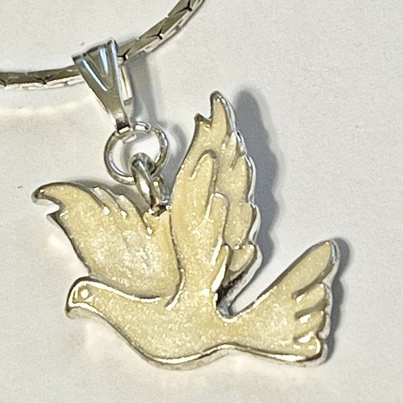 Silver White Dove Bird Pendant Necklace Plated 18" Enamel Holy Spirit Peace - Picture 4 of 11